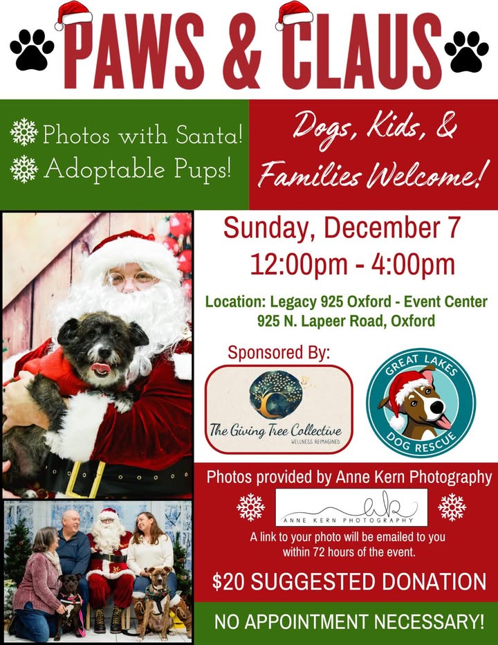 Pet photos with Santa this weekend with Great Lakes Dog Rescue